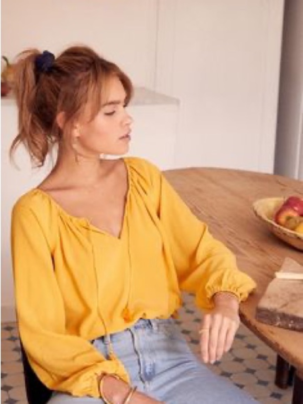 Fred David Mustard V-Neck Balloon Sleeve Blouse